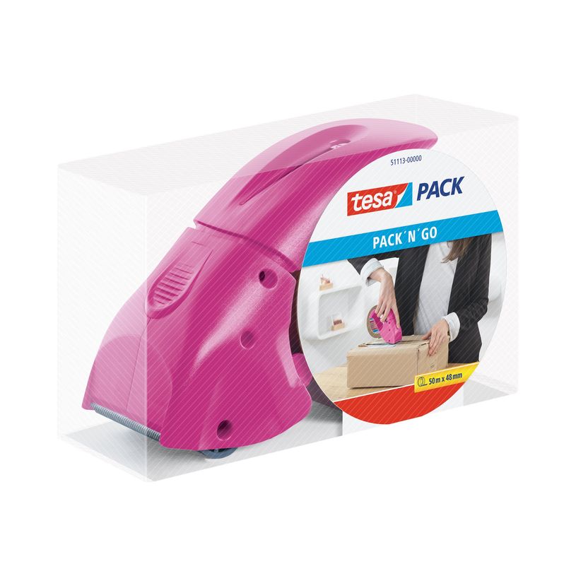 4042448318077-Tesapack Pack' n' Go - Dévidoir rose avec ruban adhésif d'emballage - 50 mm x 66 m-P_79406394_1-0
