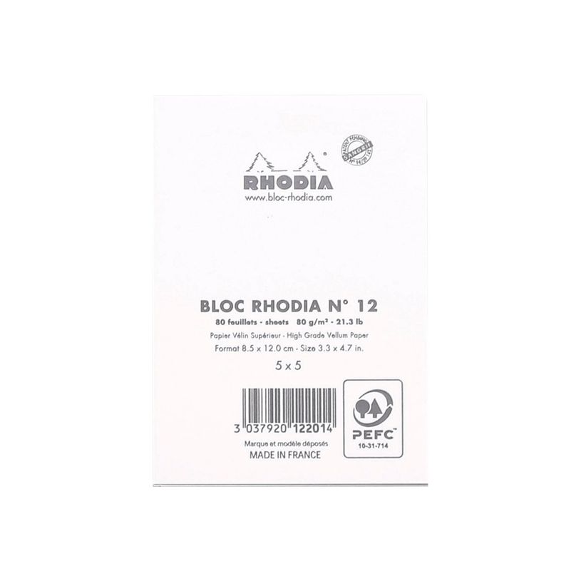 3037920122014-Rhodia - Bloc notes N°12 - A5 - 80 feuilles - petits carreaux - 80g - blanc-P_79406642_3-1