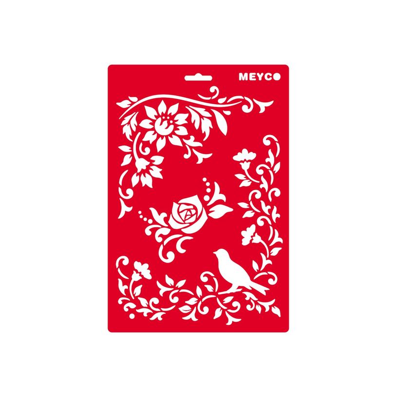 4028245660465-MEYCO - Pochoir artisanal - fleurs et oiseaux - 21 x 31 cm - rouge transparent - plastique-P_79406779_1-0