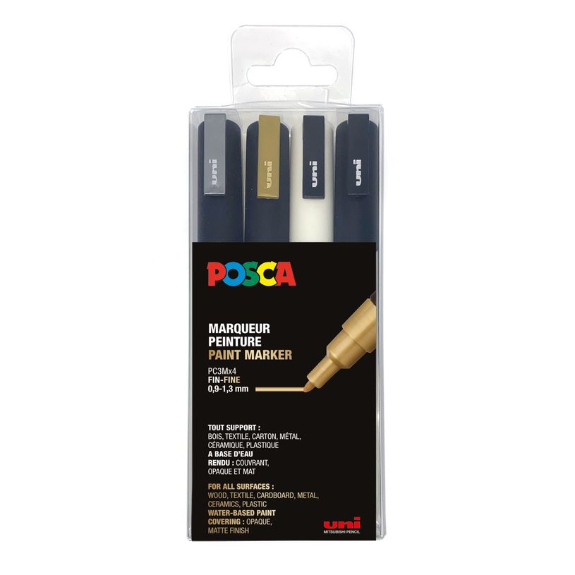 3296280033372-Uni POSCA PC-3M - Pack de 4 marqueurs - noir, argent, blanc, or-P_79407585_6-0
