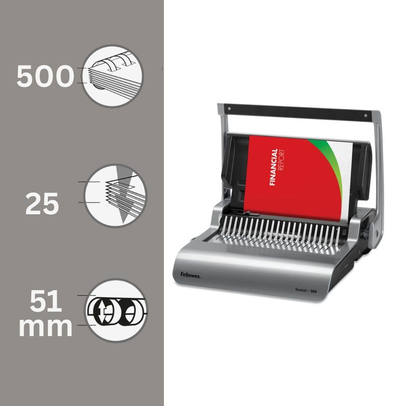 043859651252-Fellowes Quasar +500 - machine à relier / relieuse perforeuse manuelle - perfore 25 feuilles - relie 50--1