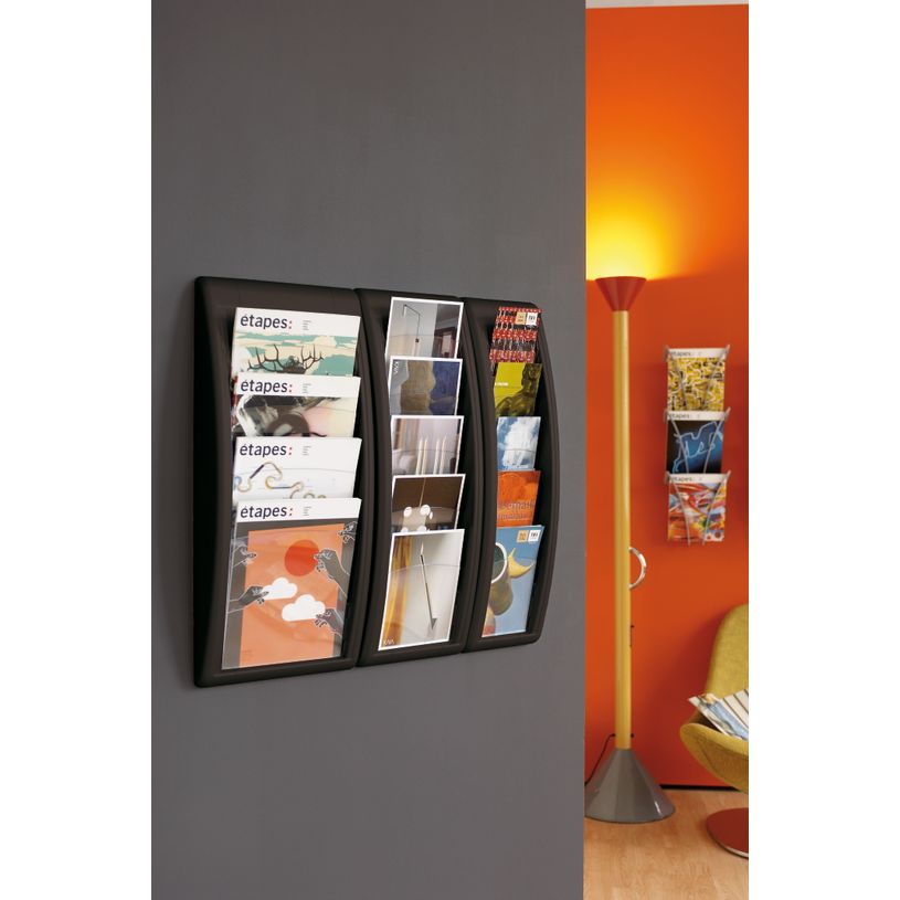 3660141203677-Présentoir mural Quick Fit pour documents A4 - 4 compartiments - noir/transparent--1