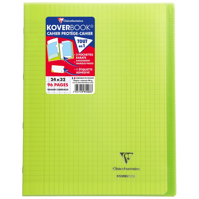 3037929814019-Clairefontaine Koverbook - Cahier polypro 24 x 32 cm - 96 pages - grands carreaux (Seyes) - disponib-P_79409491_4-3