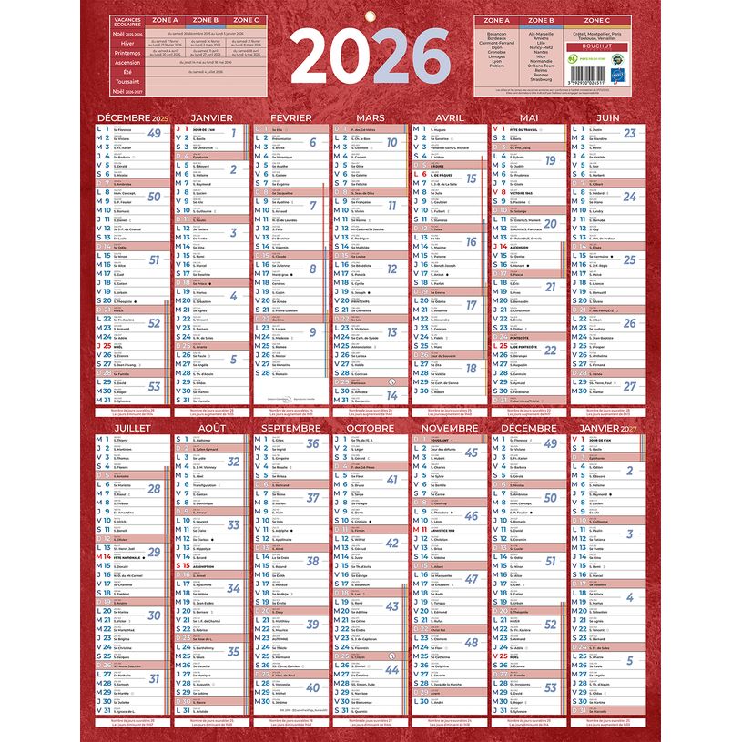 3592930026511-Calendrier bancaire année civile BOUCHUT "229 Rouge" 55 x 43 cm coloris rouge Pefc 70 %--0