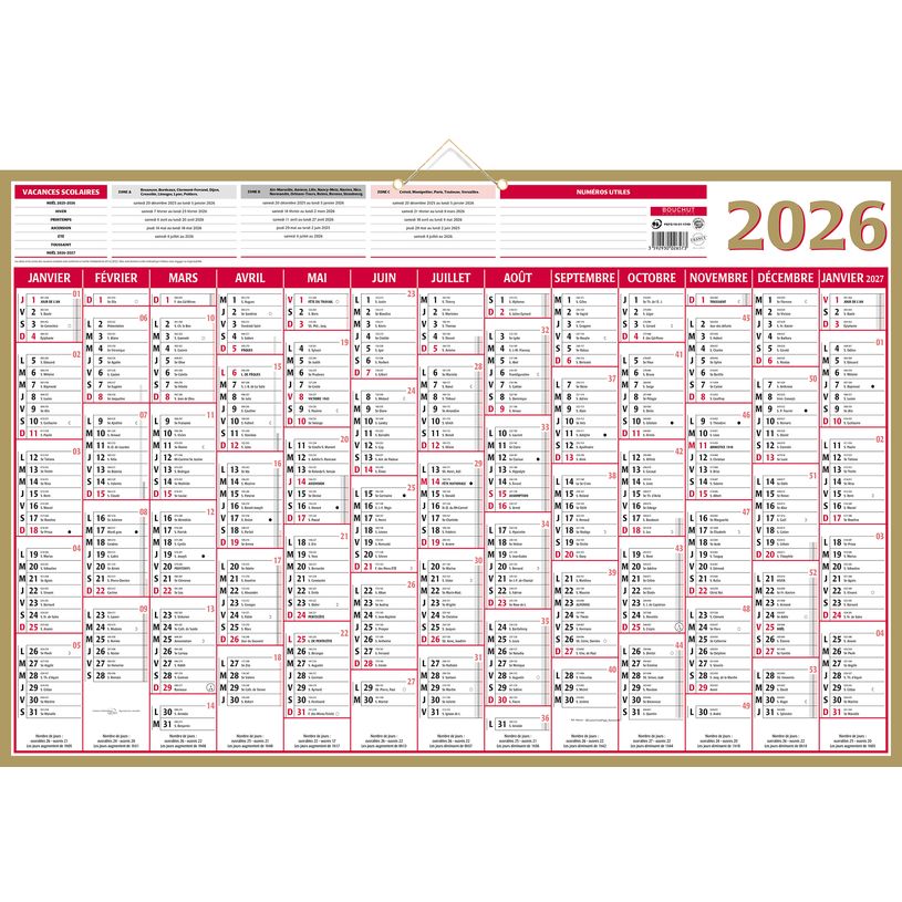 3592930026573-Calendrier bancaire année civile BOUCHUT "Maxior" 43 x 65 cm coloris or Pefc 70 %--0