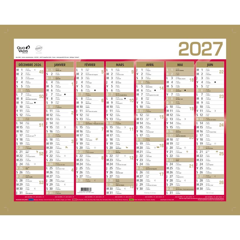 3371017525365-Quo Vadis - Calendrier mural - Français - Classic - Jaune - 14 mois de décembre à janvier - 43x33,5 cm - Papier Clairefontaine blanc - Fabri--0