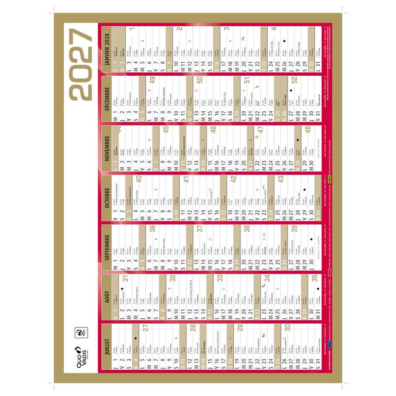 3371017525365-Quo Vadis - Calendrier mural - Français - Classic - Jaune - 14 mois de décembre à janvier - 43x33,5 cm - Papier Clairefontaine blanc - Fabri--1