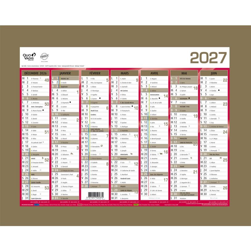 3371017525372-Quo Vadis - Calendrier mural - Français - Classic - Jaune - 14 mois de décembre à janvier - 27x21 cm - Papier Clairefontaine blanc - Fabri--0