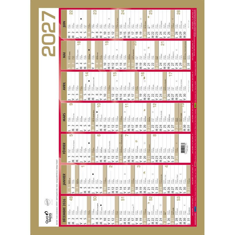 3371017525389-Quo Vadis - Calendrier mural - Français - Classic - Jaune - 14 mois de décembre à janvier - 55x40,5 cm - Papier Clairefontaine blanc - Fabri--0