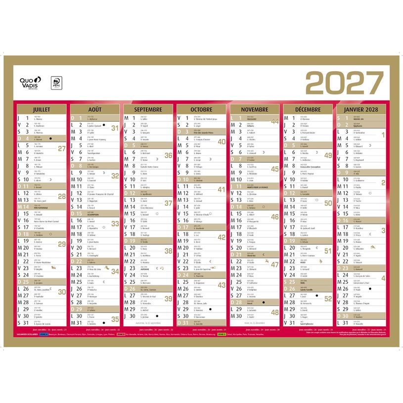 3371017525389-Quo Vadis - Calendrier mural - Français - Classic - Jaune - 14 mois de décembre à janvier - 55x40,5 cm - Papier Clairefontaine blanc - Fabri--1