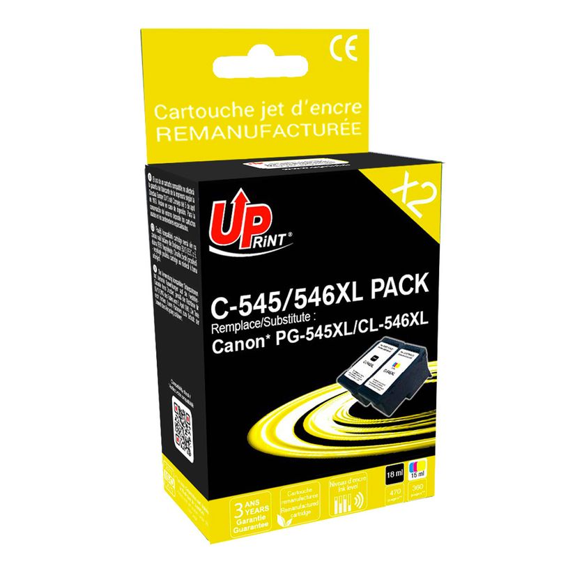3584770896027-Cartouche remanufacturée Canon PG-545XL/CL-546XL - pack de 2 - noir, cyan, magenta, jaune - Uprint--0
