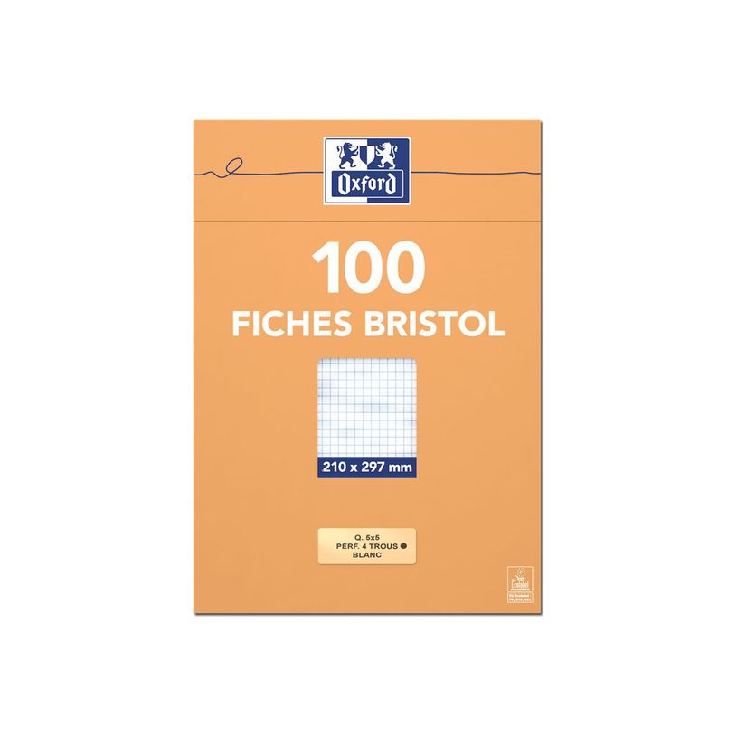 3020122372202-Oxford Bristol - 100 Fiches d'index - A4 -Blanc - Perforée - 5x6-P_79412390_1-1