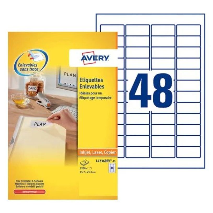 3266550132456-Avery - 1200 Étiquettes amovibles blanches - 45,7 x 21,2 mm - Impression laser - réf L473-P_79413463_1-0