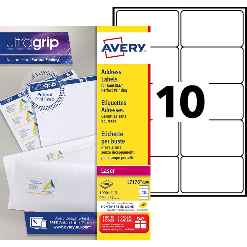 3266550260104-Avery - 1000 Étiquettes adresse blanches - 99,1 x 57 mm - Impression laser - réf L7173-10-P_79413467_1-0