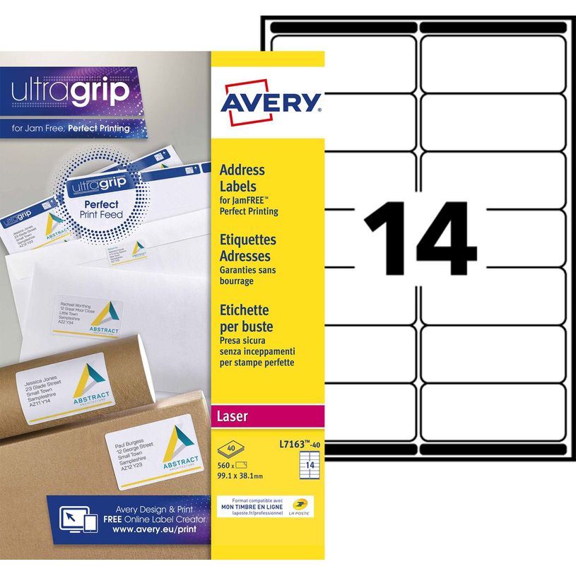3266550263402-Avery - 560 Étiquettes adresse blanches - 99,1 x 38,1 mm - Impression laser - réf L7163-4-P_79413475_1-0