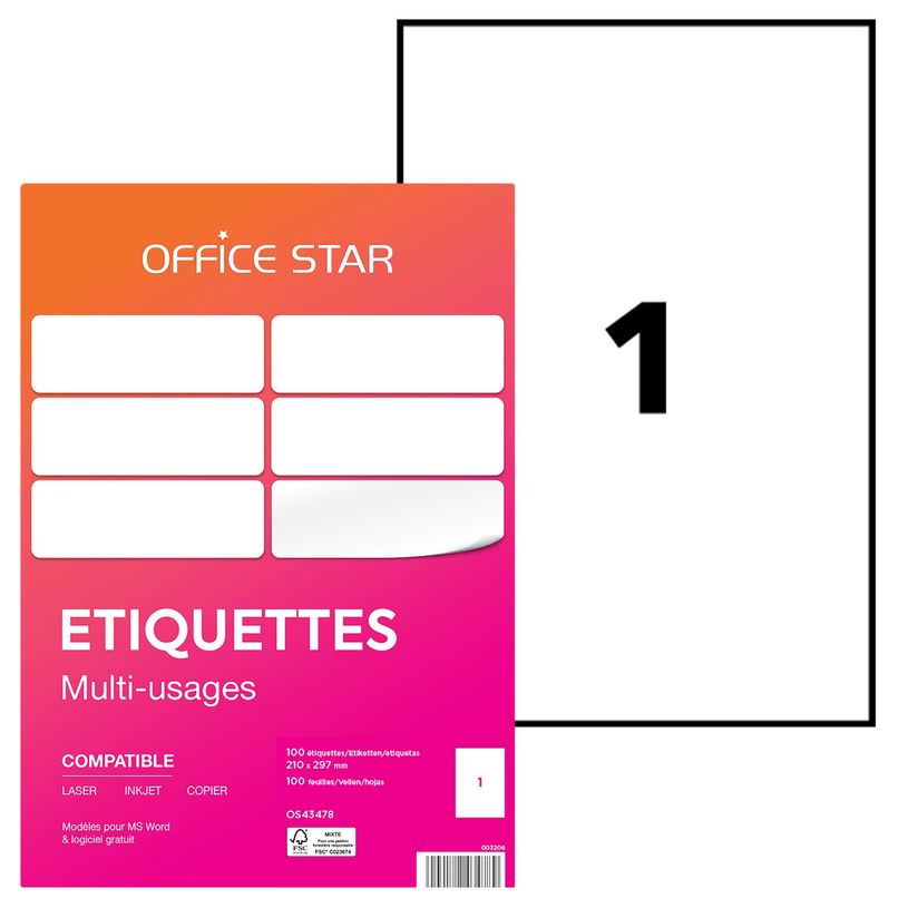 4004182434789-Office Star - 100 Étiquettes multi-usages blanches - 210 x 297 mm - réf OS43478-P_79413483_1-0