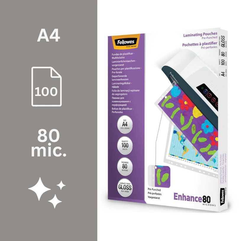0043859521821-Fellowes - 100 pochettes de plastification A4 (216 x 303 mm) - 80 microns - brillantes pré-perforées--1
