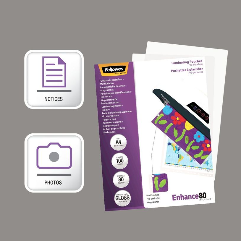 0043859521821-Fellowes - 100 pochettes de plastification A4 (216 x 303 mm) - 80 microns - brillantes pré-perforées--4