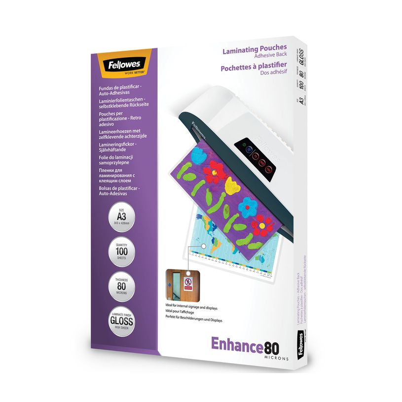 0077511530234-Fellowes - 100 pochettes de plastification A3 (303 x 426 mm) - 80 microns - brillantes dos adhésif--0