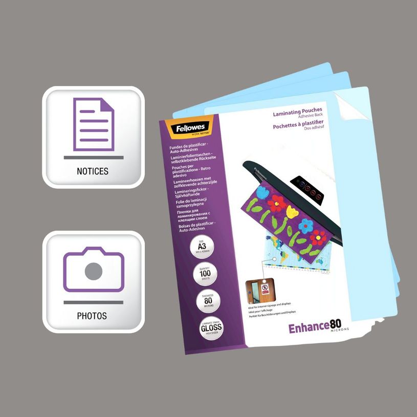0077511530234-Fellowes - 100 pochettes de plastification A3 (303 x 426 mm) - 80 microns - brillantes dos adhésif--4