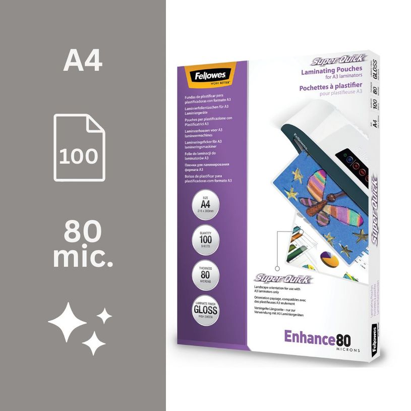 0077511544002-Fellowes - 100 pochettes de plastification A4 (216 x 303 mm) - 80 microns - brillantes--1