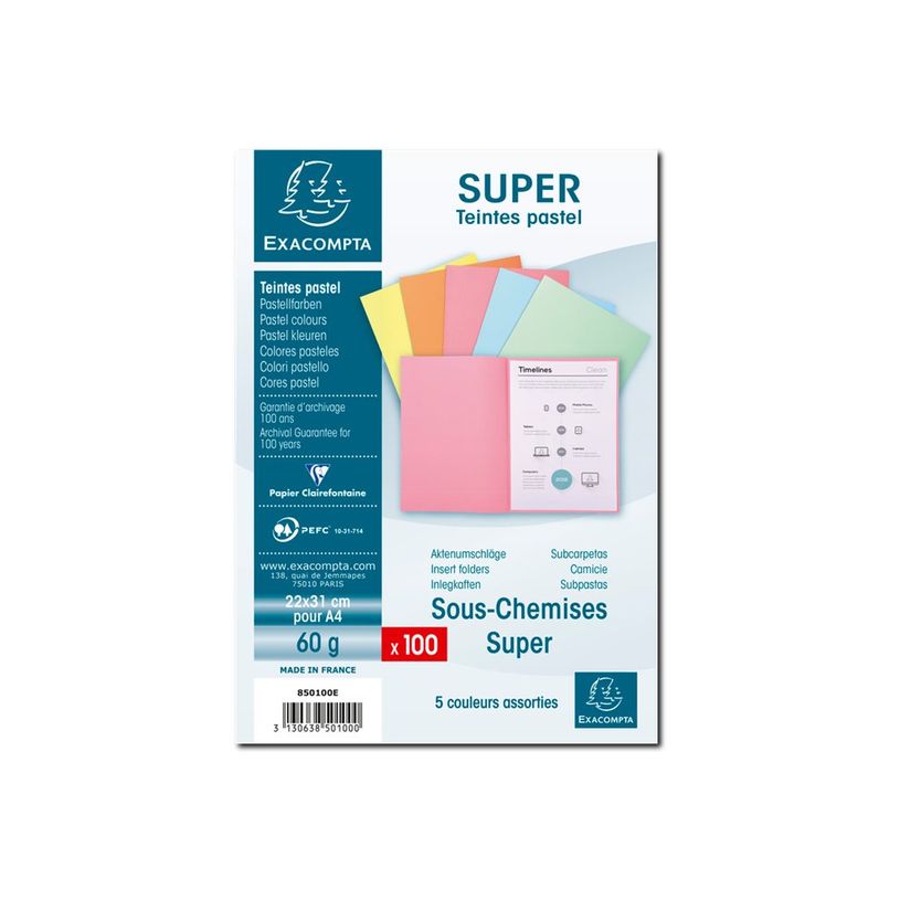3130638501000-Exacompta Super 60 - 100 Sous-chemises - 60 gr - pour 100 feuilles - couleurs pastels assor-P_79417650_1-1