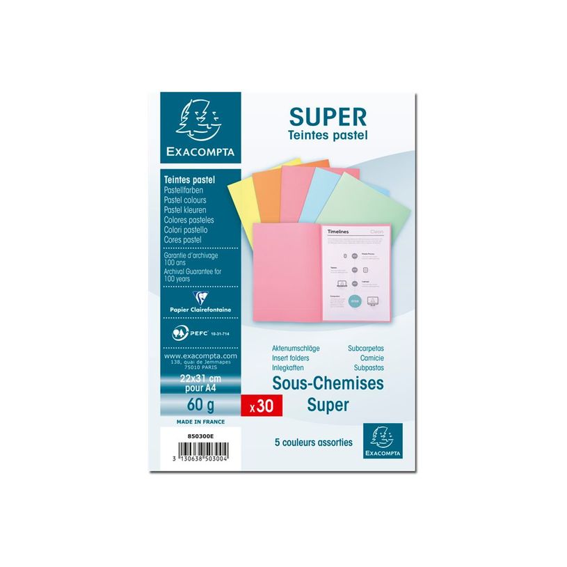 3130638503004-Exacompta Super 60 - 30 Sous-chemises - 60 gr - pour 100 feuilles - couleurs pastels assort-P_79417657_1-0