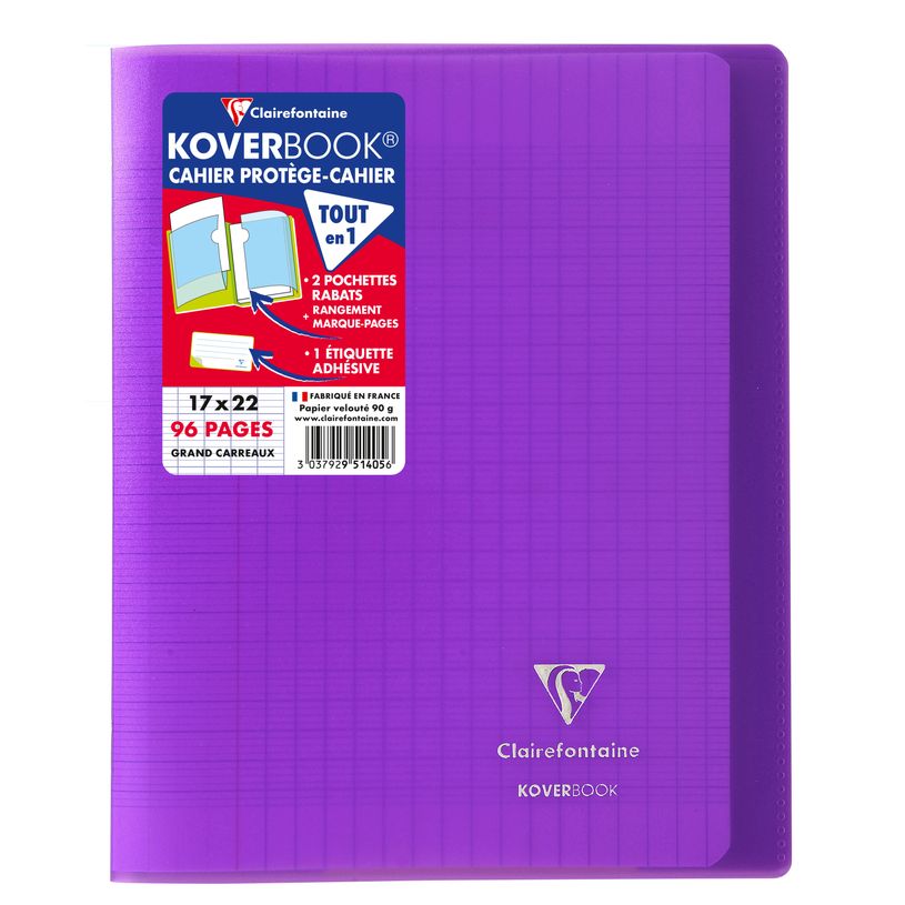 3037929514056-Clairefontaine Koverbook - Cahier polypro 17 x 22 cm - 96 pages - grands carreaux (Seyes) - violet--0