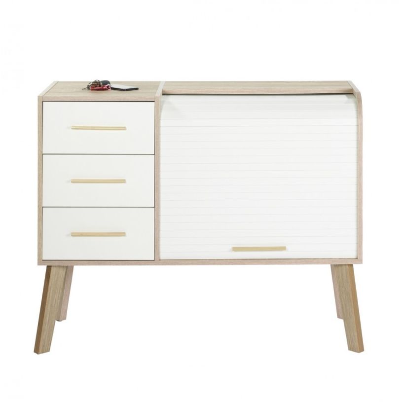 3253313012216-Meuble Cylindre Vintage - 3 Tiroirs Blancs - Pieds Chêne - Rideau blanc-P_79419767_1-0