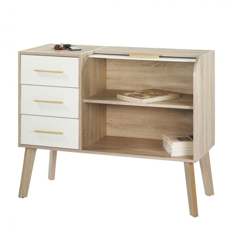 3253313012216-Meuble Cylindre Vintage - 3 Tiroirs Blancs - Pieds Chêne - Rideau blanc-P_79419767_2-1