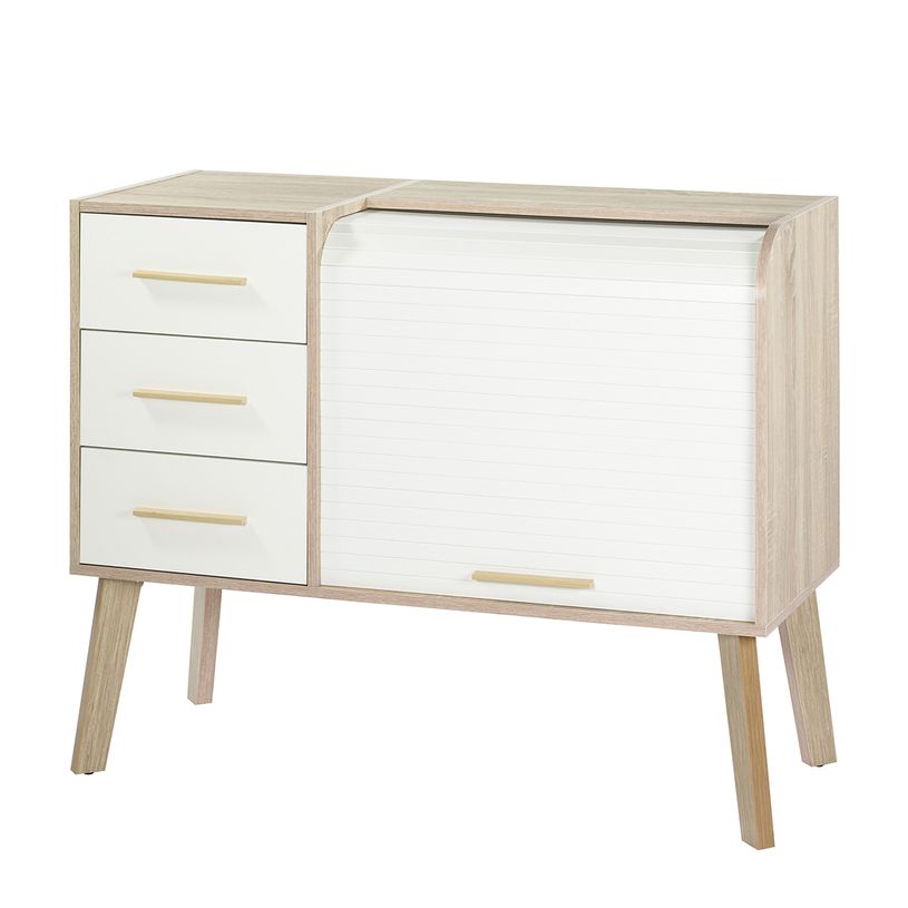 3253313012216-Meuble Cylindre Vintage - 3 Tiroirs Blancs - Pieds Chêne - Rideau blanc-P_79419767_3-2