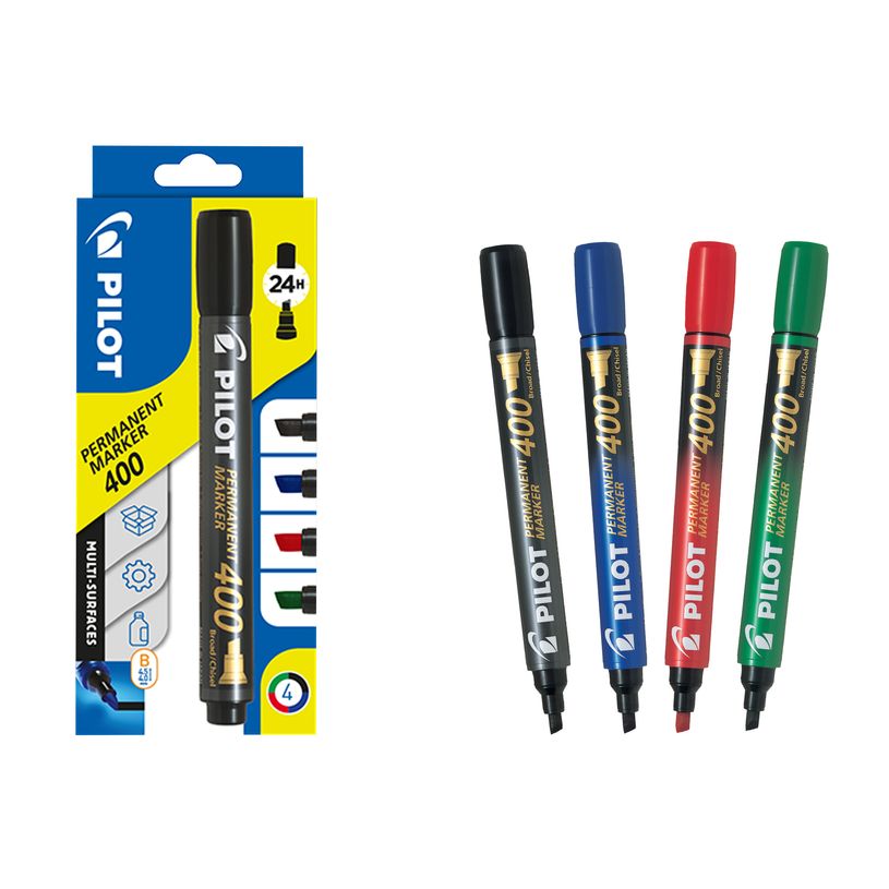 3131910501466-Pilot 400 - Pack de 4 marqueurs permanents - pointe biseau - noir, bleu, rouge, vert-P_79420077_1-0