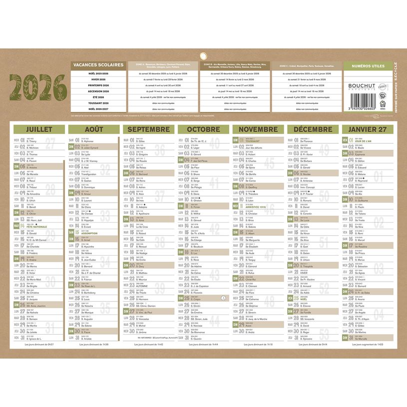 3592930026603-Calendrier bancaire année civile BOUCHUT "Natura Medium" 32 x 42 cm coloris beige--1