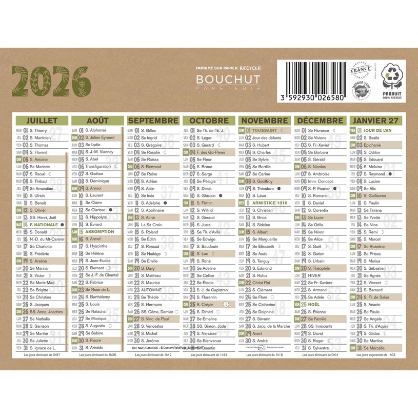 3592930026580-Calendrier bancaire année civile BOUCHUT "Natura Micro" 13,5 x 17,5 cm coloris beige--1