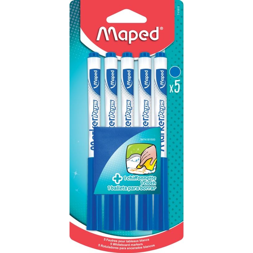 3154147418154-Maped Marker'Peps - Pack de 5 marqueurs effaçables avec chiffonette - pointe fine - bleu-P_79421464_1-0