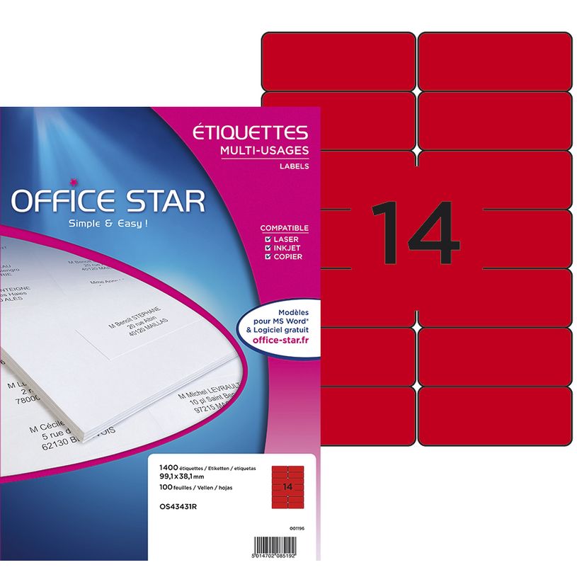 5014702085192-Office Star - 1400 étiquettes Multi-usages - 99,1 x 38,1mm - Rouge-P_79421795_1-0