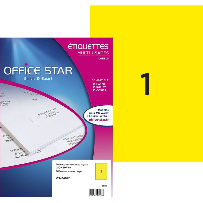 5014702085222-Office Star - 100 Étiquettes multi-usages jaune - 210 x 297 mm - réf OS43478Y-P_79421796_1-0