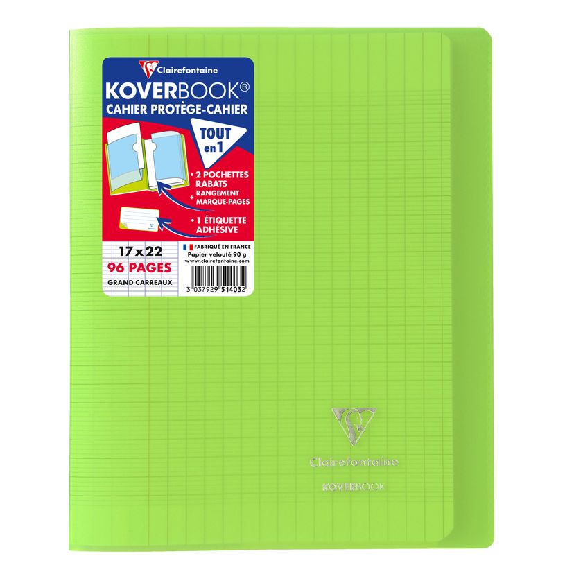 3037929514032-Clairefontaine Koverbook - Cahier polypro 17 x 22 cm - 96 pages - grands carreaux (Seyes) - vert--0