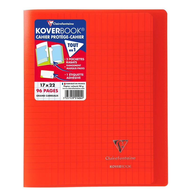 3037929514049-Clairefontaine Koverbook - Cahier polypro 17 x 22 cm - 96 pages - grands carreaux (Seyes) - rouge--0