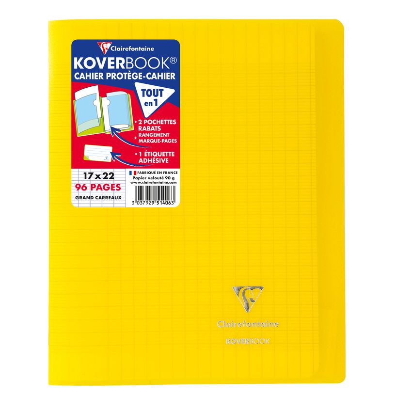 3037929514063-Clairefontaine Koverbook - Cahier polypro 17 x 22 cm - 96 pages - grands carreaux (Seyes) - jaune--0
