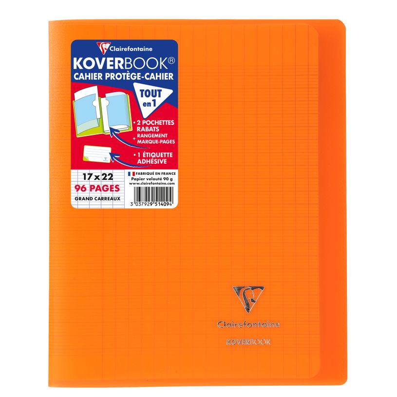 3037929514094-Clairefontaine Koverbook - Cahier polypro 17 x 22 cm - 96 pages - grands carreaux (Seyes) - orange--0