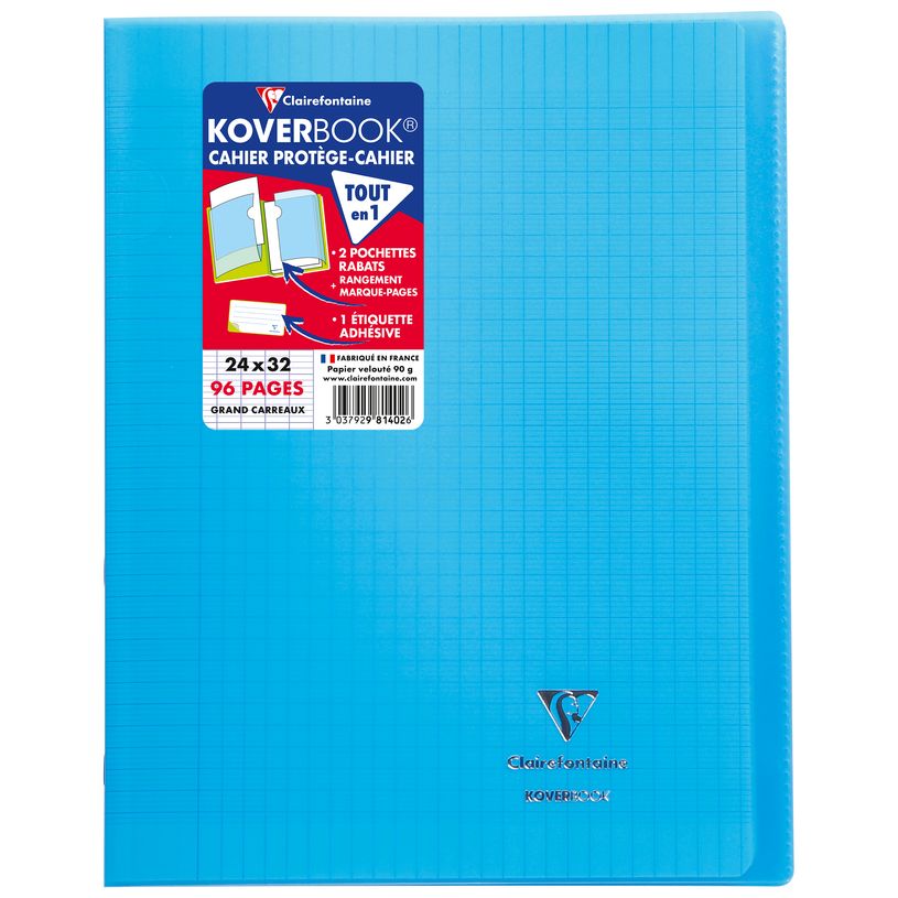 3037929814026-Clairefontaine Koverbook A4+ - Cuaderno - grapado - 240 x 320 mm - 48 hojas / 96 páginas - Seyès - azul, transparente - p--0