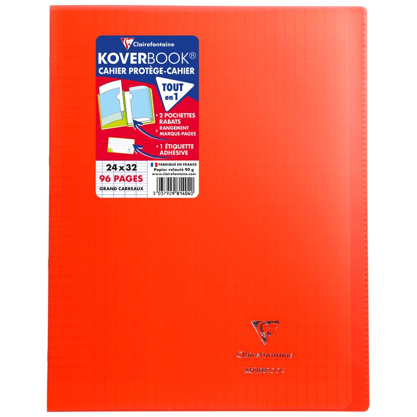 3037929814040-Clairefontaine Koverbook - Cahier polypro 24 x 32 cm - 96 pages - grands carreaux (Seyes) - rouge--0