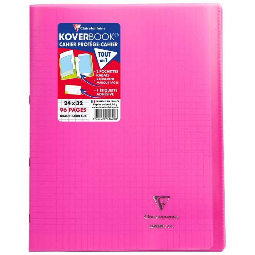 3037929814088-Clairefontaine Koverbook - Cahier polypro 24 x 32 cm - 96 pages - grands carreaux (Seyes) - rose--0