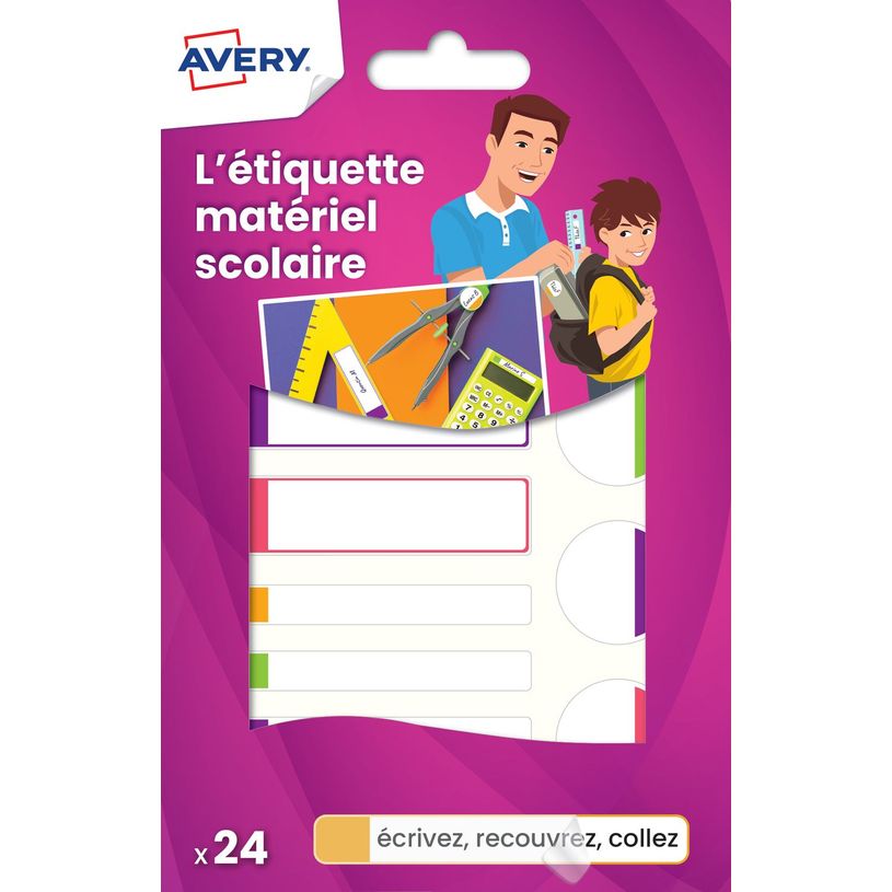 5014702028939-Avery - 24 Étiquettes plastifiées multi-usages blanches avec bordure fluo verte, bleue, jaune et rouge -P_79422607_1-0