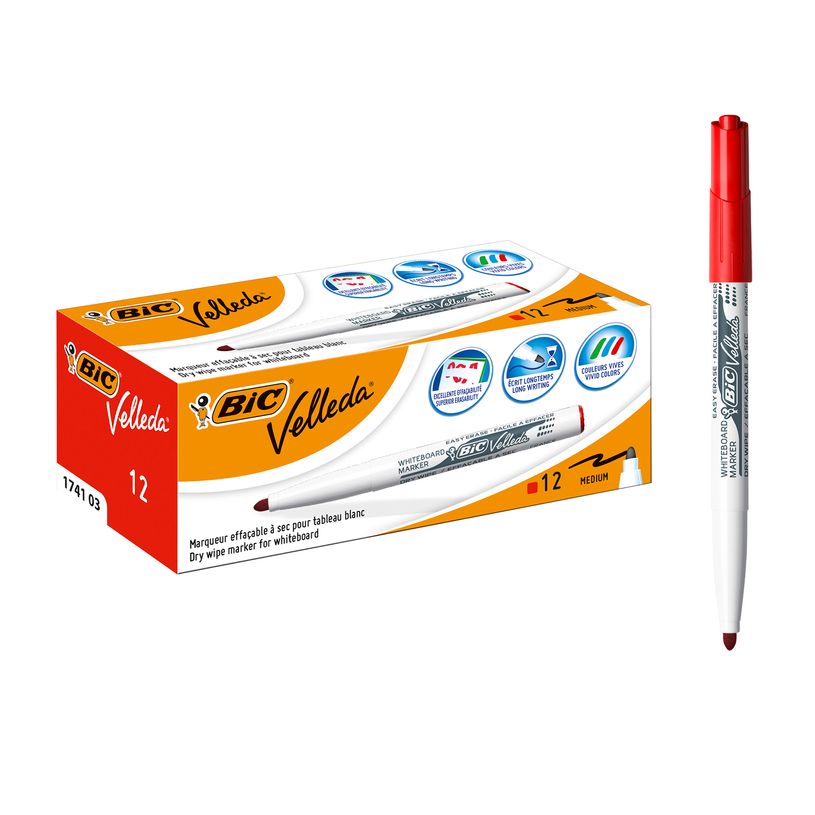 3086121741036-BIC VELLEDA 1741 - Pack de 12 marqueurs effaçables - pointe ogive - rouge-P_79425352_2-0