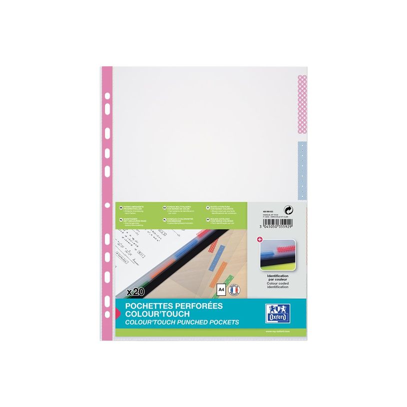 3045050355929-Oxford - 20 Pochettes perforées Colour Touch - A4 - polypropylène 5/100e - 4 couleurs ass-P_79425811_1-0