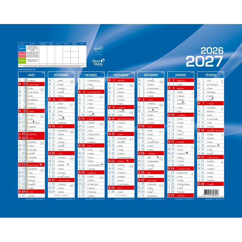 3371010396016-Quo Vadis - Calendrier mural - 2026-2027 - Français - Classic - Bleu - 14 mois de août à septembre - 27x21 cm - Papier Clairefontaine blanc - Fabri--0