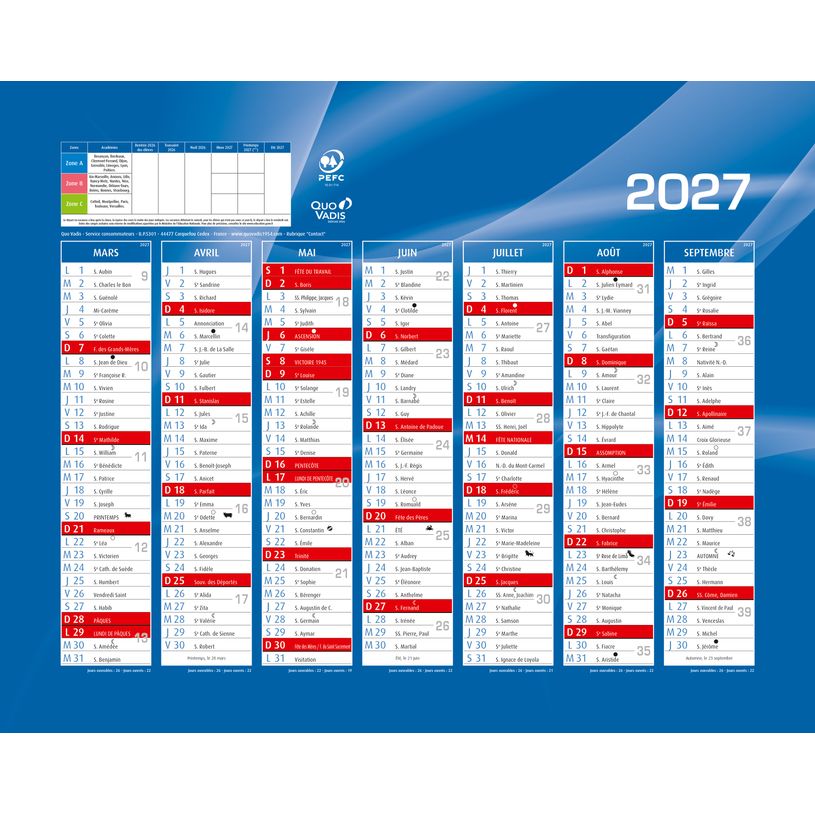 3371010396016-Quo Vadis - Calendrier mural - 2026-2027 - Français - Classic - Bleu - 14 mois de août à septembre - 27x21 cm - Papier Clairefontaine blanc - Fabri--1