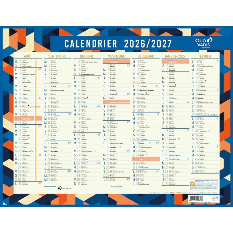 3371010413379-Quo Vadis - Calendrier mural - 2026-2027 - Français - Classic - Multicolore - 14 mois de août à septembre - 43x33,5 cm - Papier Clairefontaine blanc - Fabri--0